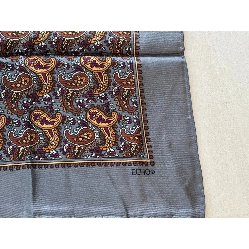 Echo Vintage Paisley Silk Chinon Scarf Gray Gold Hand Rolled 24 Inch Square